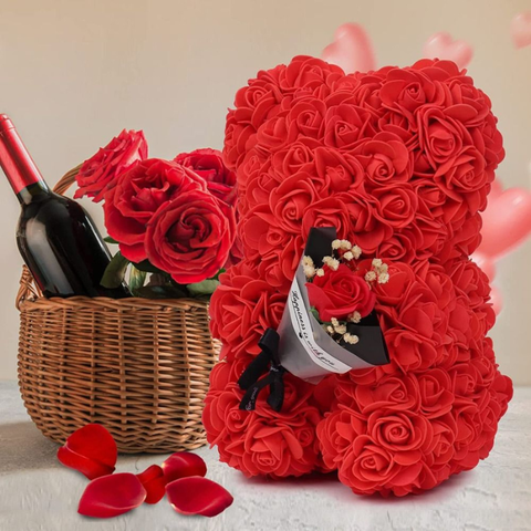 Rose Teddy Bear Holding Bouquet