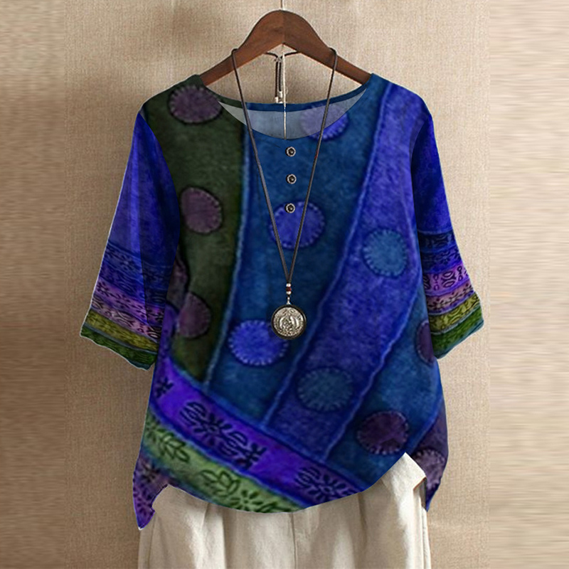 Women's Oversized Printed Blouse with O Neck