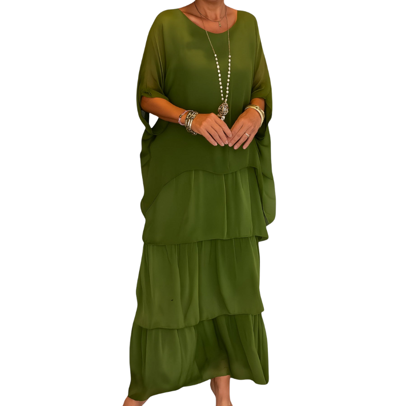 Nova – Lange A-lijn Gelaagde Maxi Jurk met Ronde Hals en Korte Mouwen Velani