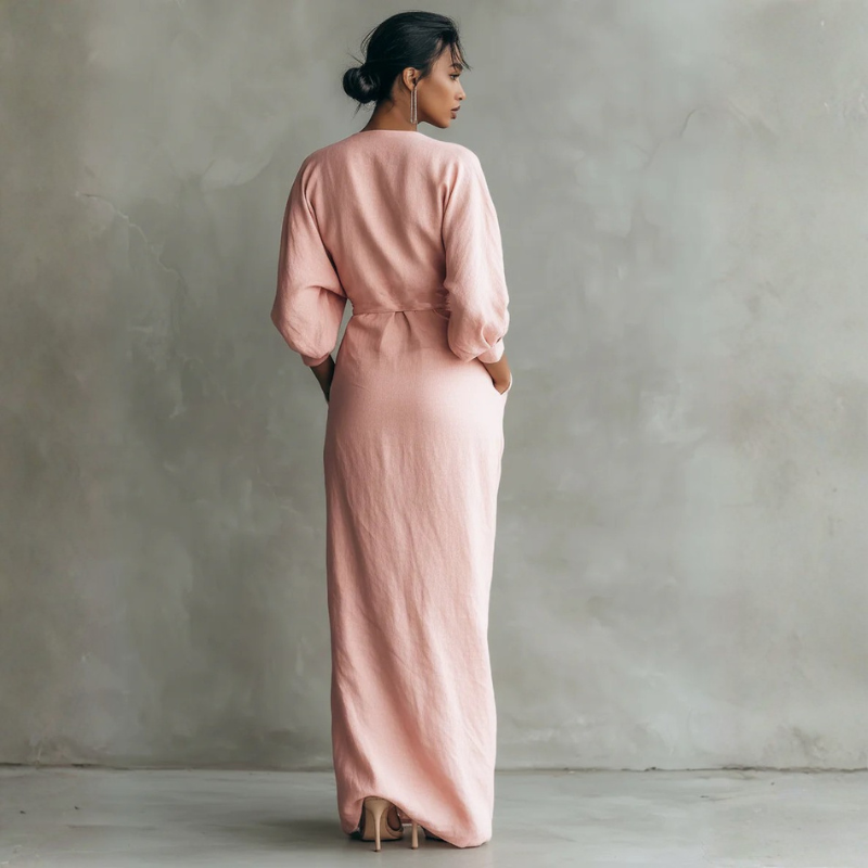 Elegant Women's V Neck Maxi Dress with Wrap Waist