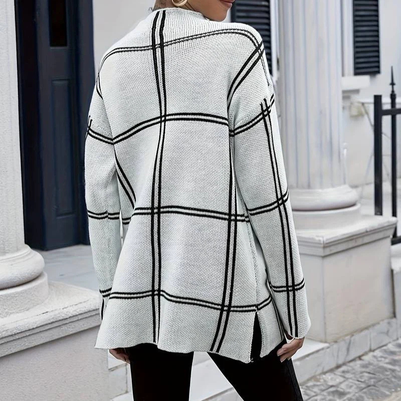 Hannah – Suéter de cuello redondo con estampado de cuadros y mangas largas