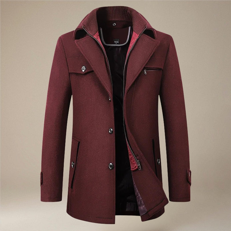Double Collar Long Coat with Button Front