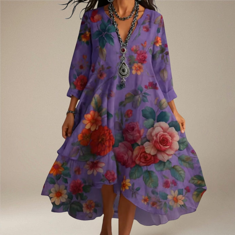 Amelia – Long Sleeved V Neck Floral Print Dress with Loose Fit