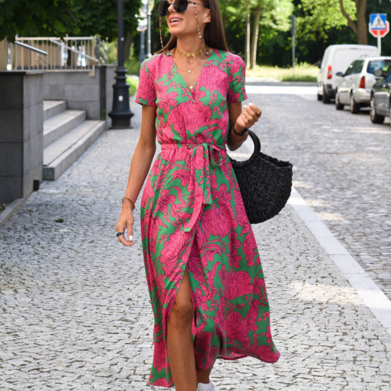 Women's V Neck Midi Dress with Waist Belt