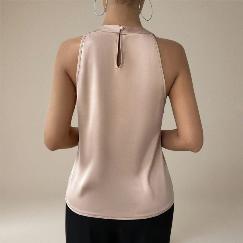 Women's Sleeveless Satin Draped Blouse with Pleated Front