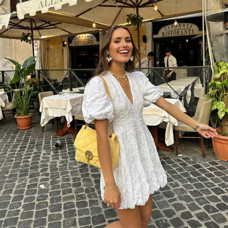Women’s mini V-neck short sleeve embroidered dress