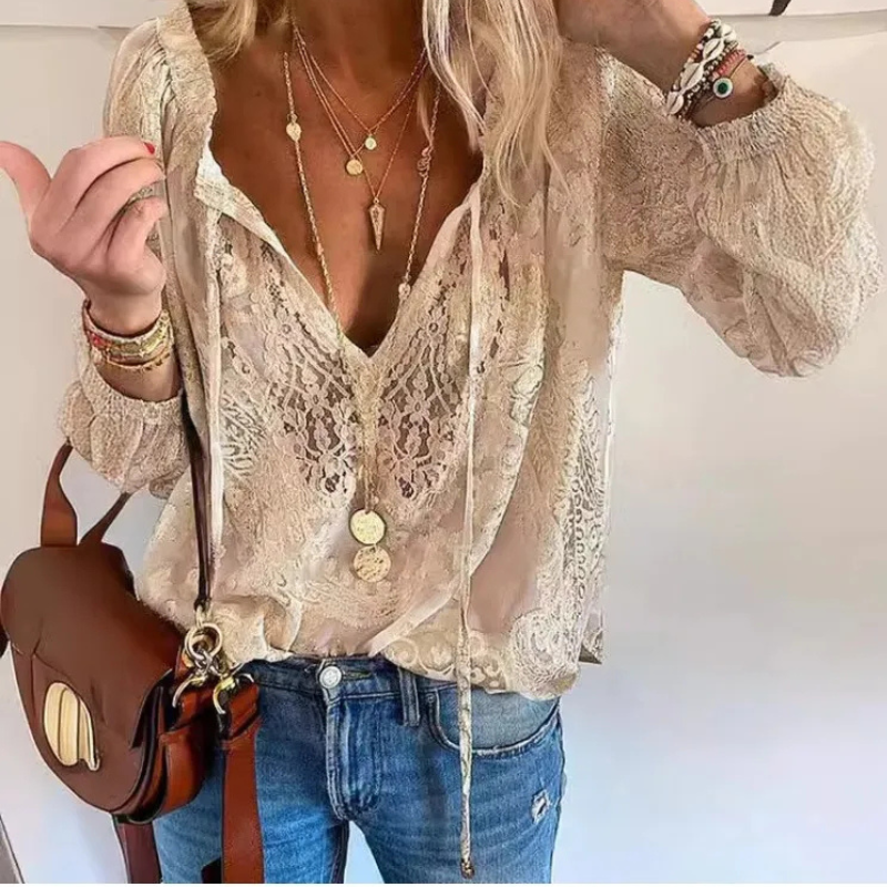 Women's Long Sleeve Bohemian Lace Blouse V-Neck