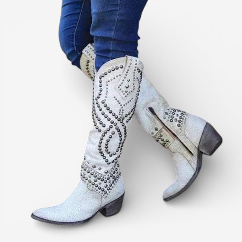 Maya – Knee High Pointed Toe Boots with Decorative Pearls