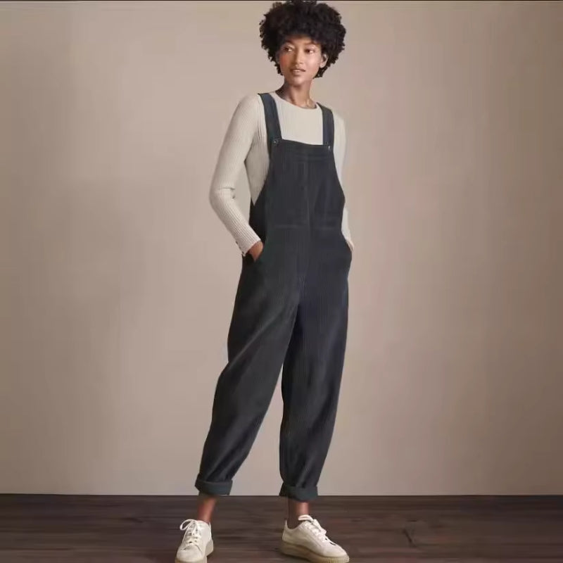Corduroy Jumpsuit with Adjustable Straps and Straight Legs