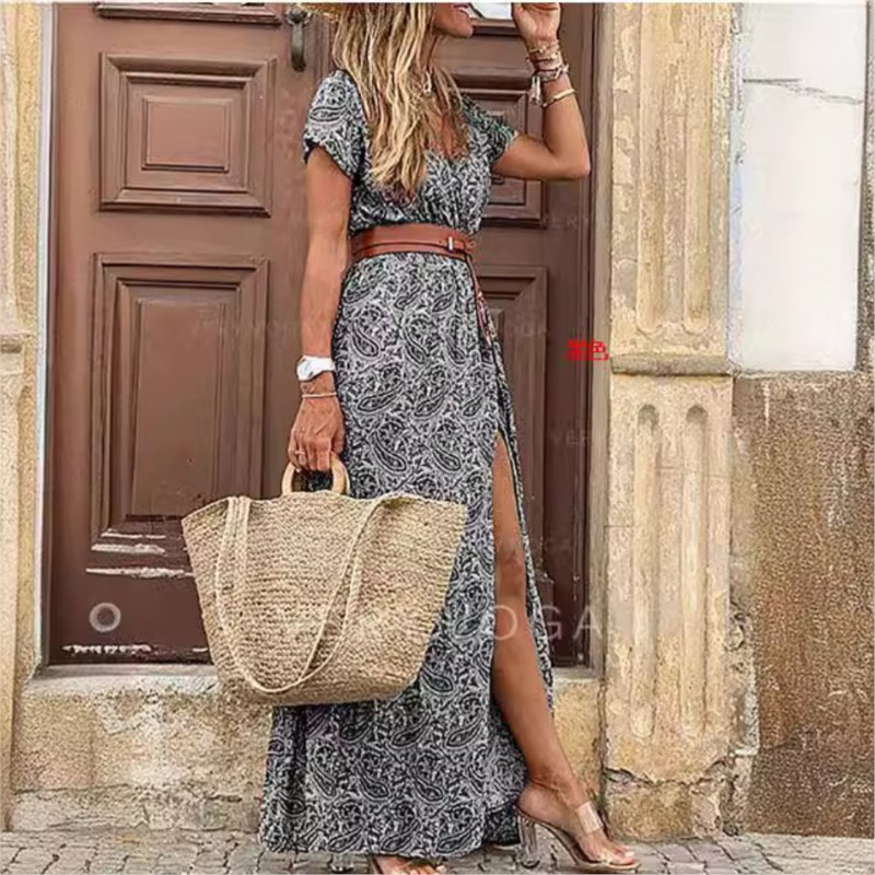 Women's Floral Print Maxi Dress with Belt Waist