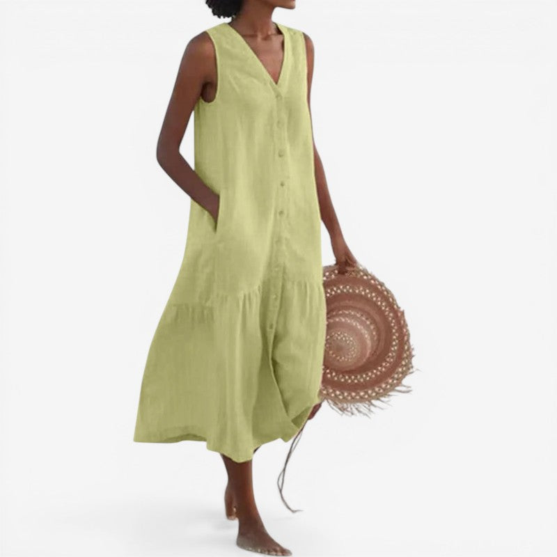 Women's Sleeveless V-Neck Mini Dress with Button-Front & Pockets