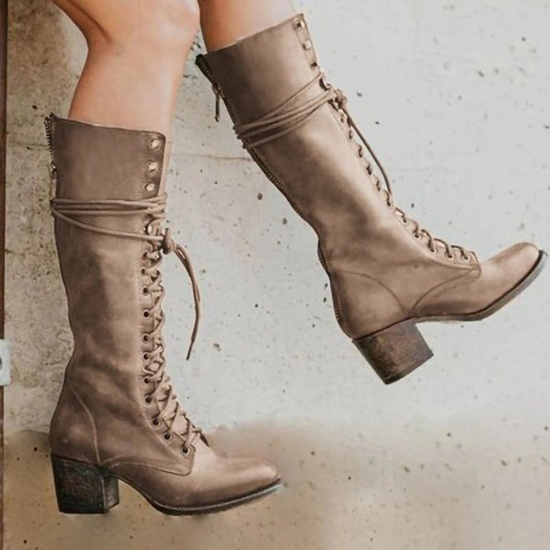 Women’s Knee High Lace Up Boots Block Heel