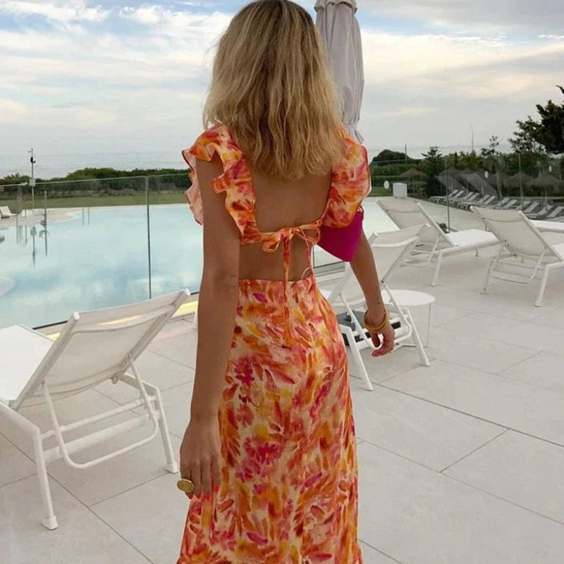 Women’s long ruffled V-neck high waist dress