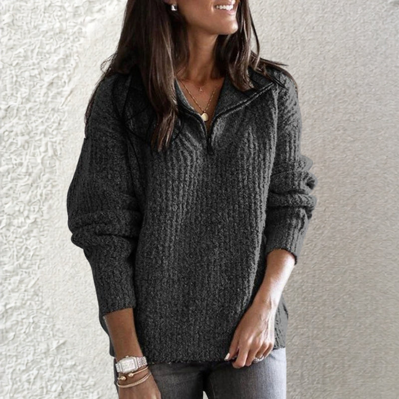 Women’s Ribbed Zip Front Sweater Loose Fit Long Sleeve