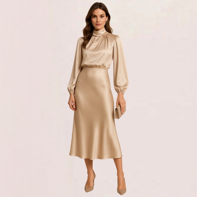 Women’s Wrap Dress with Long Puff Sleeves & High Neck