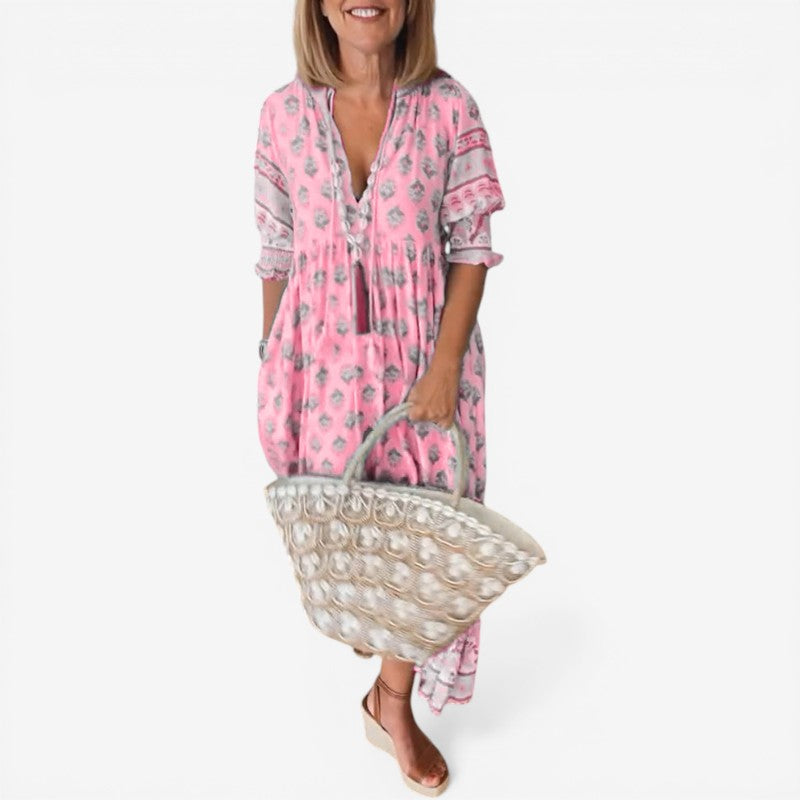 Women's V Neck Short Sleeve Floral Dress