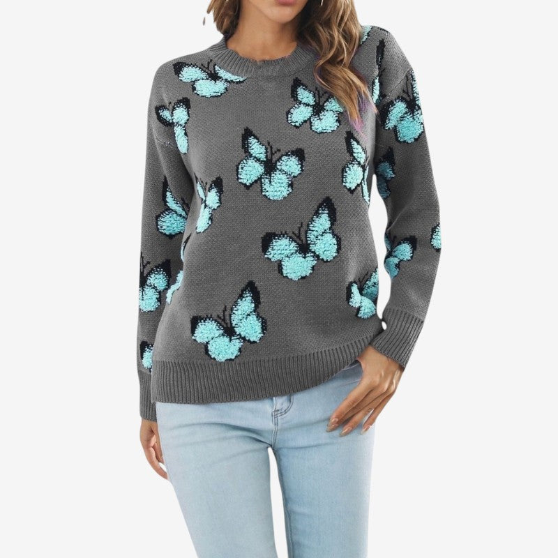 Ava – Suéter de cuello redondo con estampado de mariposas y mangas largas