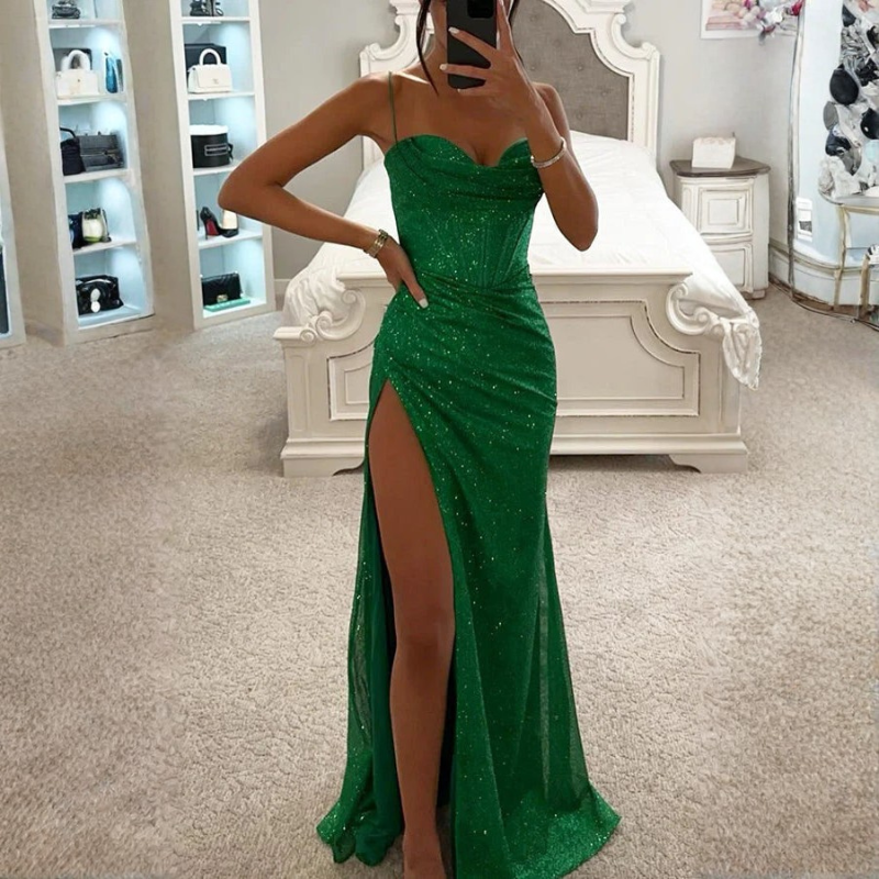 Kathy – Lange mouwloze jurk met pailletten en hoge splitten Velani