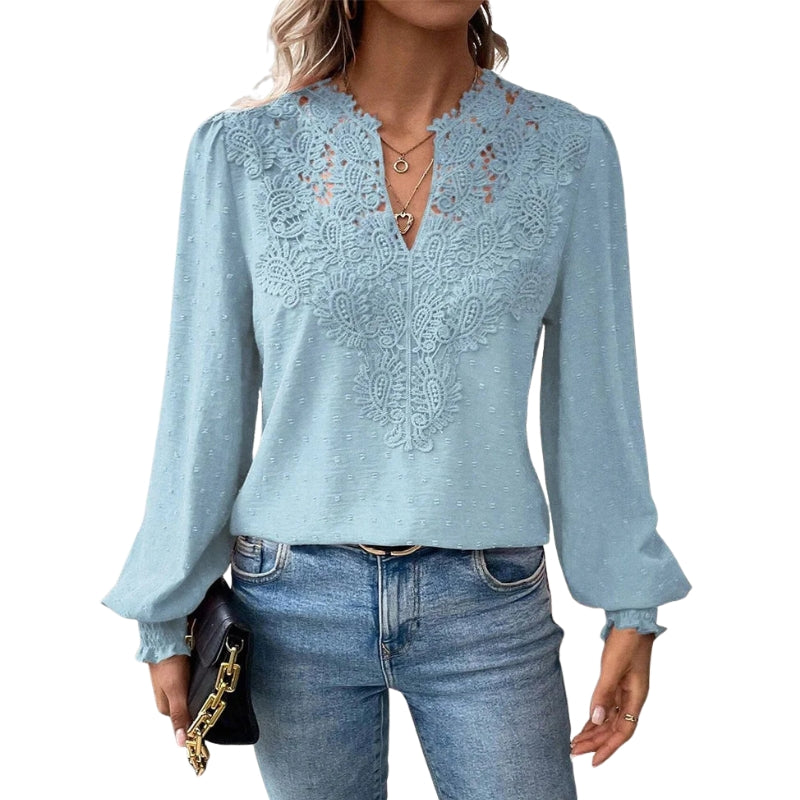 Svenja – Blouse met Lange Mouwen, V-Hals en Kantdetails Velani