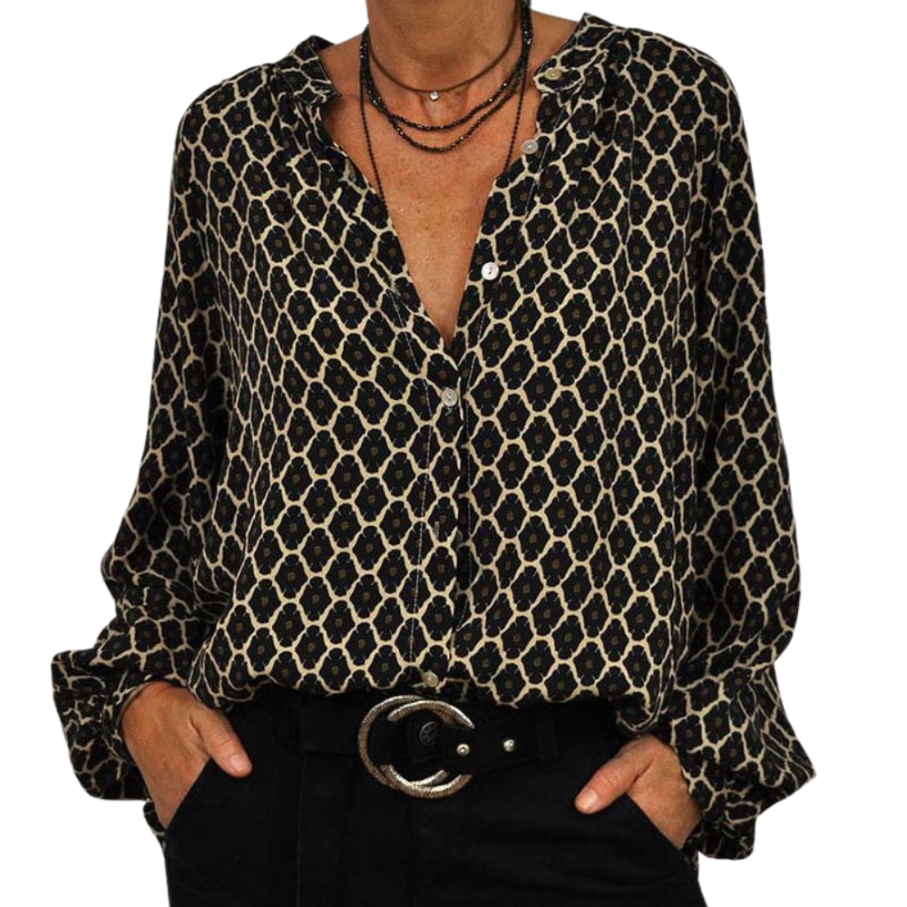 Erika – V-hals Blouse met Lange Mouwen en Knopen Velani