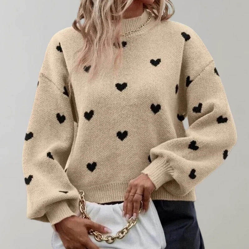 Jennifer – Suéter de manga larga con estampado de corazones y cuello redondo