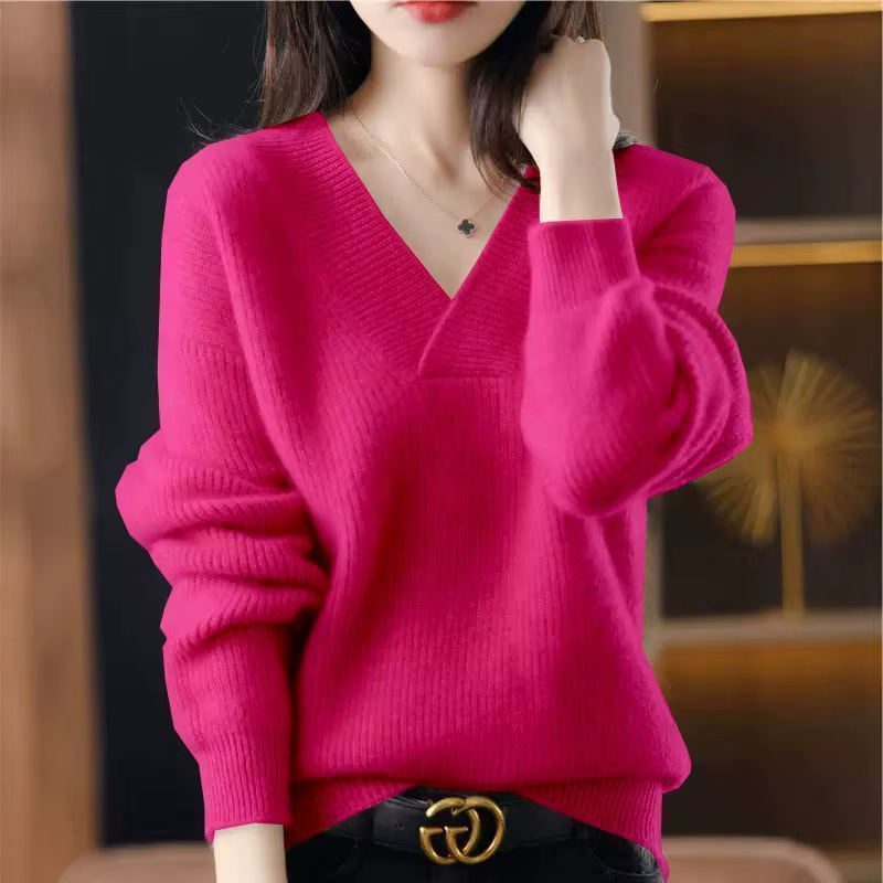 Chic Women's V Neck Ribbed Sweater