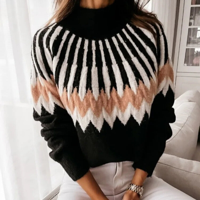 Emma – Long Sleeve Sweater With Zigzag Pattern And Ribbed Hem