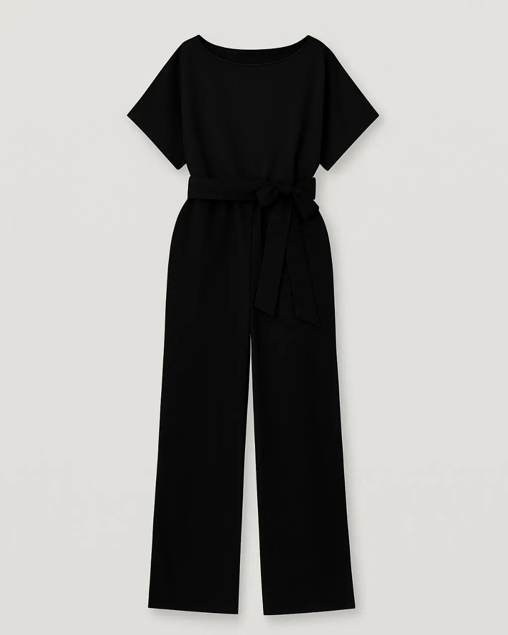 Polyester Ronde Hals Jumpsuit Met Tailleband-Jumpsuits-Velani-Zwart-S-Velani