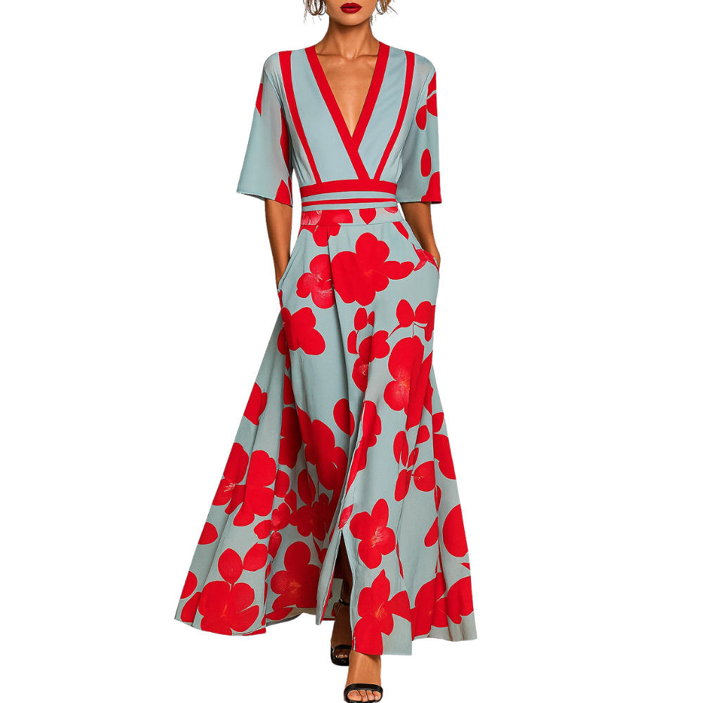 Christa - V-hals Jurk met Print en Korte Mouwen Velani