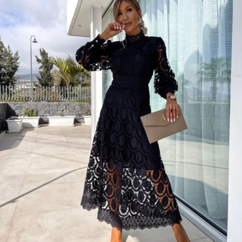 Women’s long sleeve openwork lace straight dress