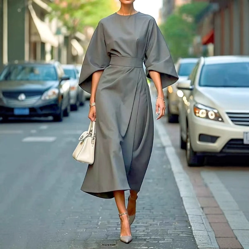 Women Belted Midi Dress with Lantern Sleeves