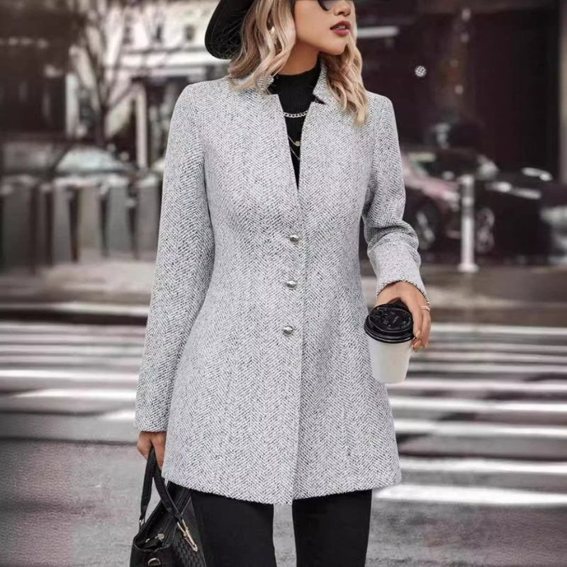 Aria – Long Sleeved Coat with Button Closure and Stand Up Collar