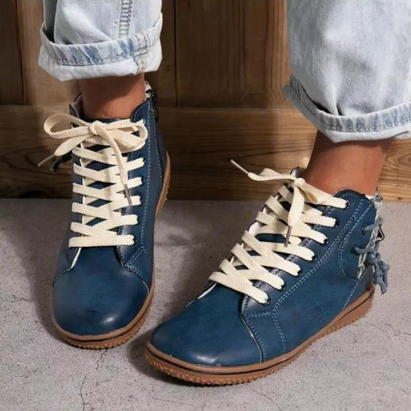 Nora – Lace Up Boots with Round Toe and Zipper Design