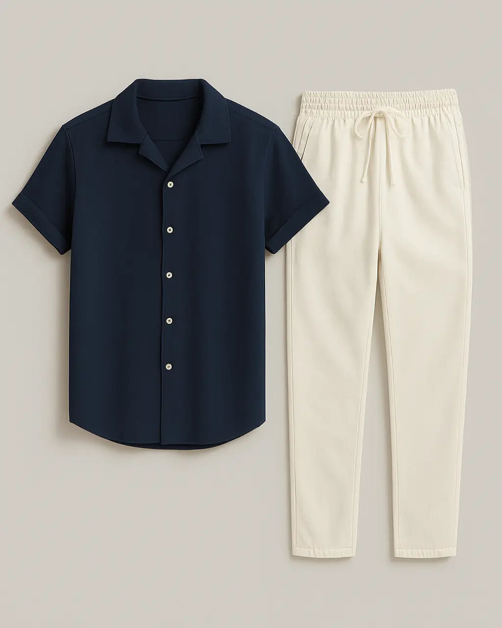 Set Van Katoenen T-shirt En Broek Met Verstelbaar Trekkoord-Clothing-Velani-Marine-S-Velani