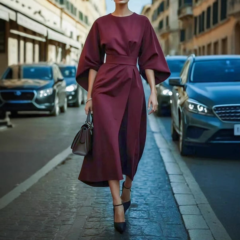Women Belted Midi Dress with Lantern Sleeves