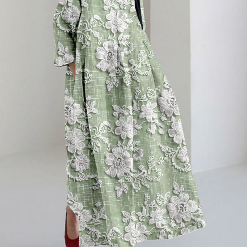 Alexis – Maxi Jurk met Lange Mouwen Bloemenprint en Ronde Hals Velani