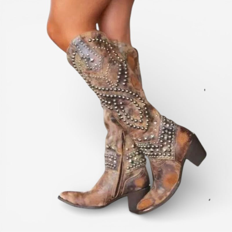 Maya – Knee High Pointed Toe Boots with Decorative Pearls