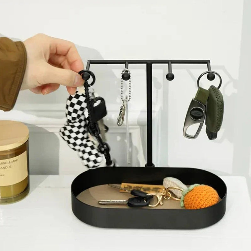 HookMate – Key Holder with Round Base, Multiple Hooks, and Storage Tray