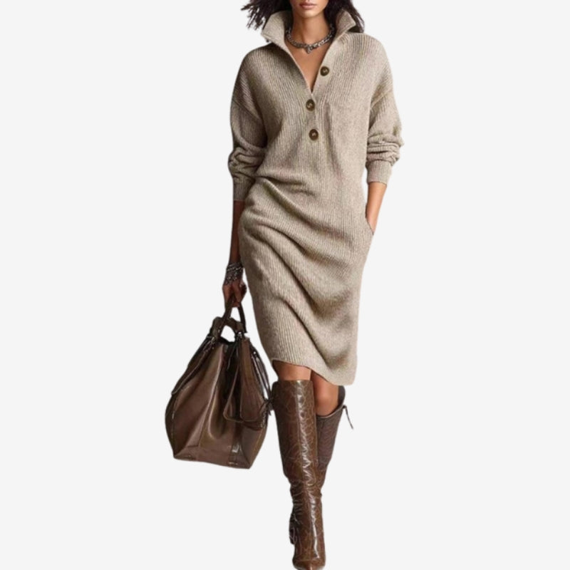 Arlena – Long Sleeve Sweater with Stand Up Collar and Button