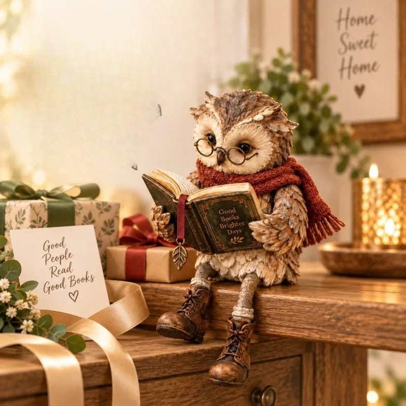 Owlmark - Owl Figurine with Book for Interior Decoration