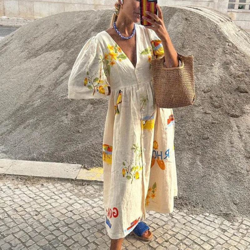 Amara – Lange Jurk met Bloemenprint V-Hals en Lange Mouwen Velani