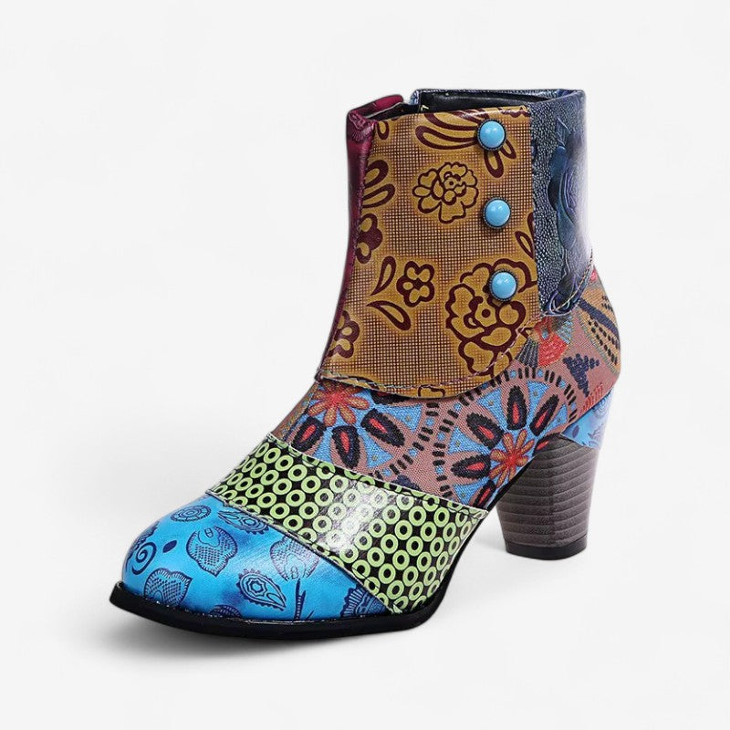 Amber – Patchwork Enkellaarzen met Hak en Zijrits Velani