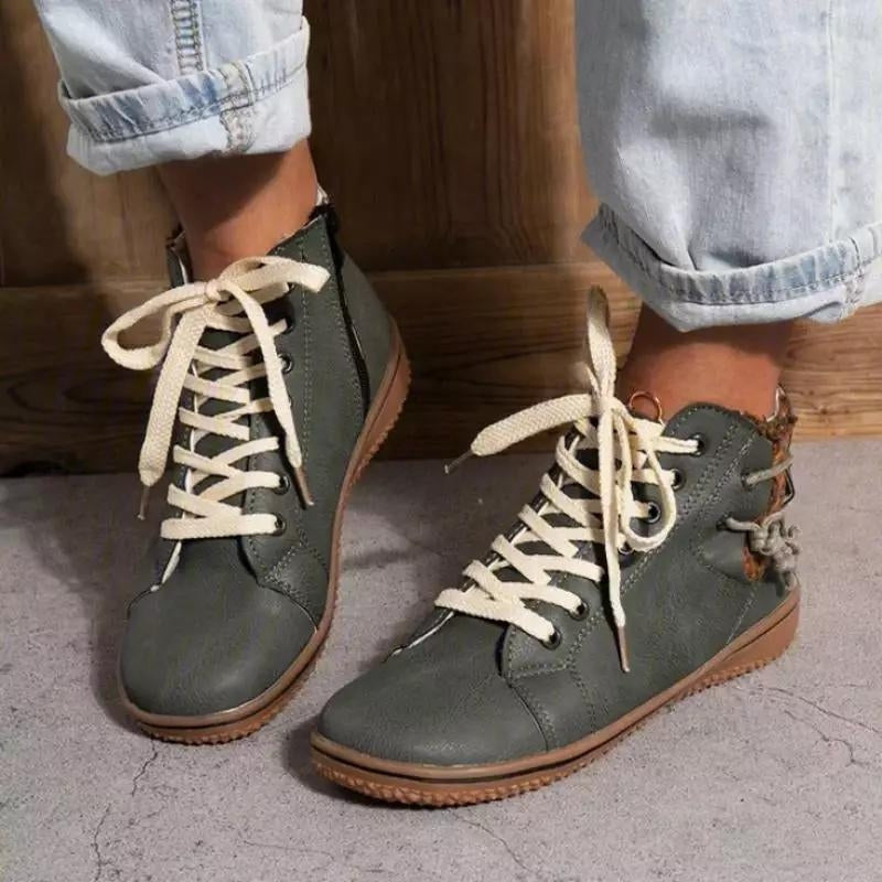 Nora – Lace Up Boots with Round Toe and Zipper Design