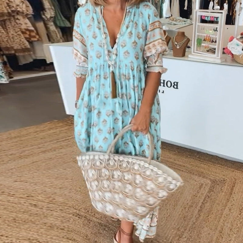 Women's V Neck Short Sleeve Floral Dress