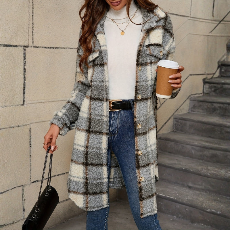 Olivia – Long Sleeve Coat with Button Closure and Down Collar