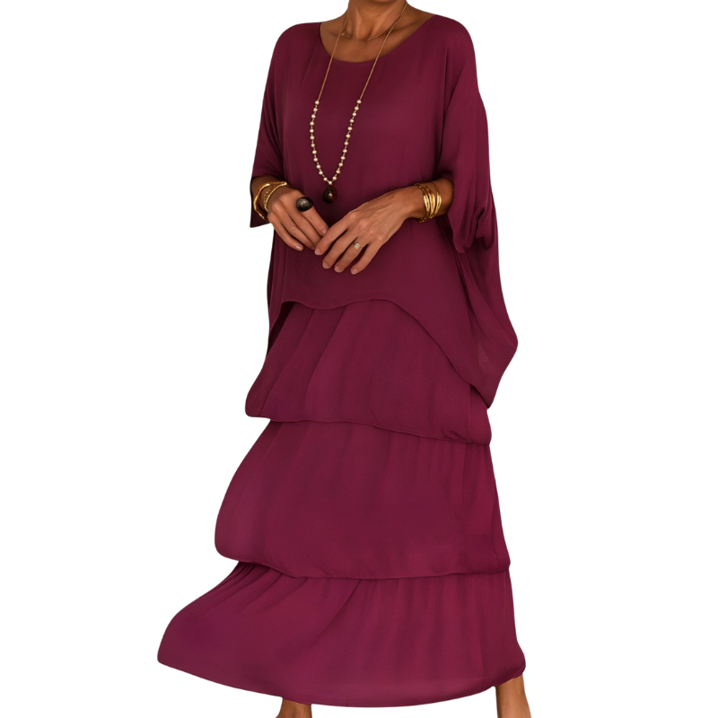 Nova – Lange A-lijn Gelaagde Maxi Jurk met Ronde Hals en Korte Mouwen Velani