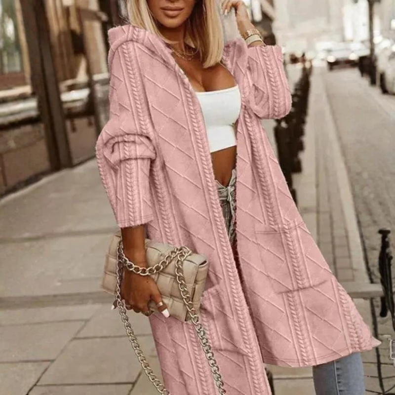 Womens Hooded Cable Knit Open Front Cardigan