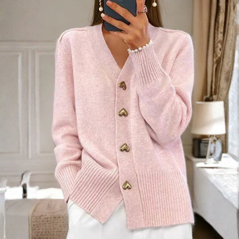 Olivia – V Neck Knitted Cardigan With Heart Shaped Buttons