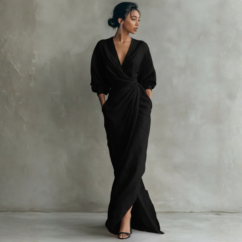 Elegant Women's V Neck Maxi Dress with Wrap Waist