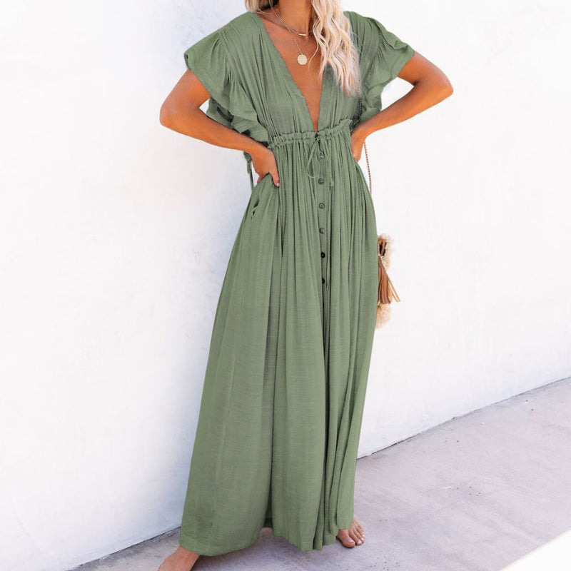 Women’s Maxi Dress V Neck Button Front